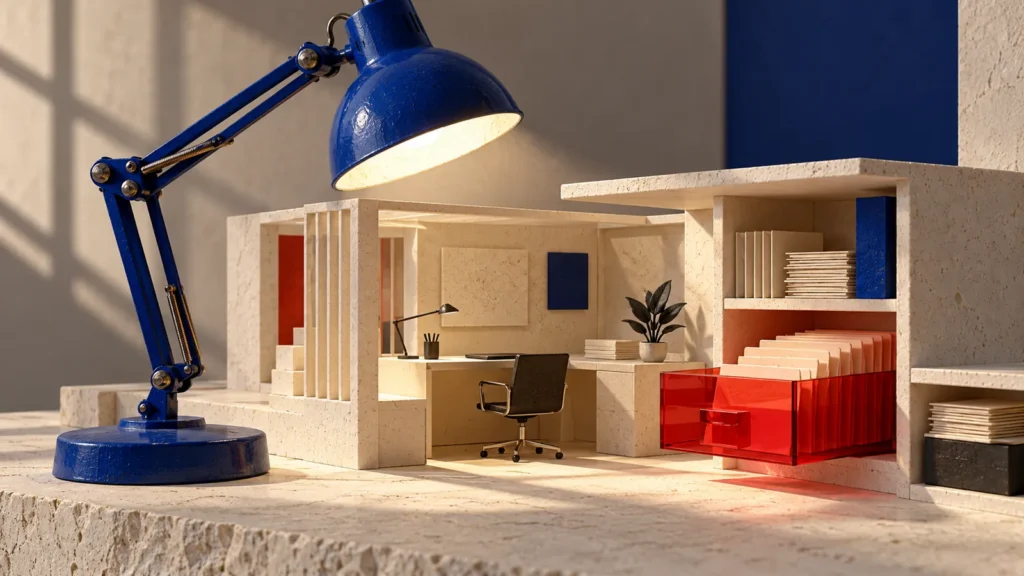 Una lámpara azul ilumina una maqueta de oficina con carpetas y un cajón rojo translúcido.