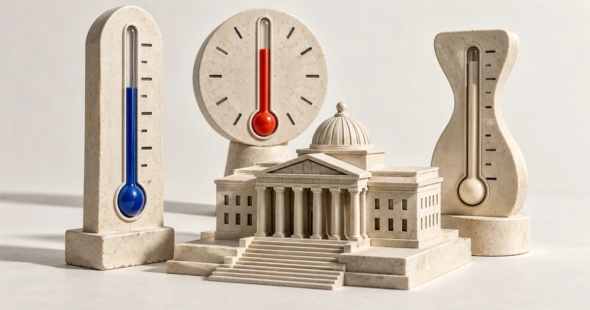 Tres termómetros de cerámica sin números rodean una maqueta de edificio institucional.