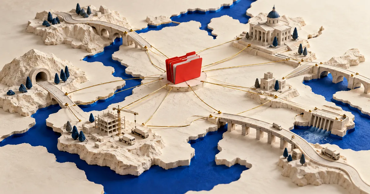 Hilos dorados conectan una carpeta roja con puentes, una presa y edificios en una maqueta de territorio.