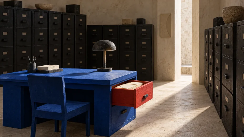 Un escritorio azul con cajón rojo abierto y sobres claros aparece entre filas de archivadores oscuros.