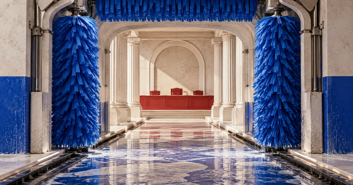 Cepillos azules de un túnel de lavado enmarcan una sala imaginaria con columnas claras y estrado rojo.