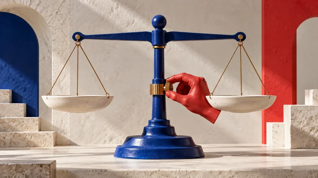 Una mano roja ajusta el mecanismo central de una balanza azul de platillos claros.