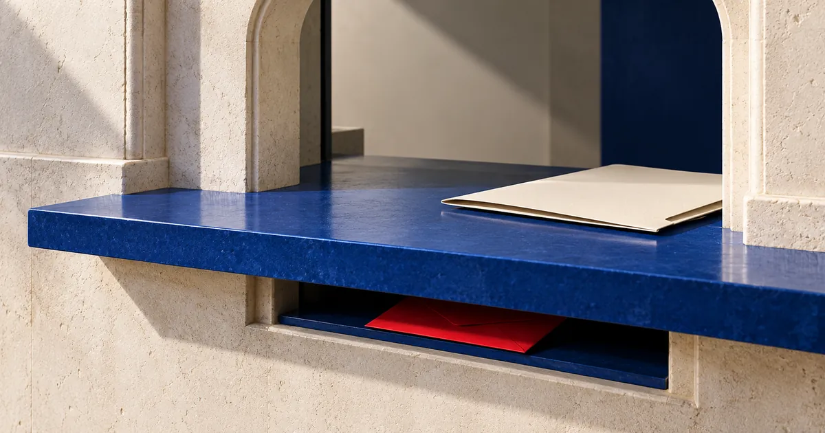 Una carpeta clara reposa sobre una ventanilla azul y un sobre rojo queda parcialmente oculto debajo.