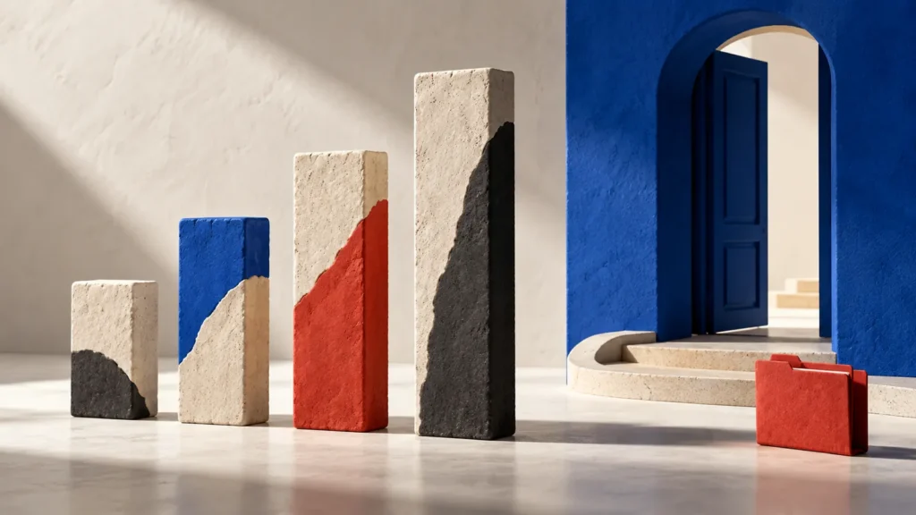 Cuatro barras de piedra de alturas distintas se sitúan junto a una puerta azul y una carpeta roja.