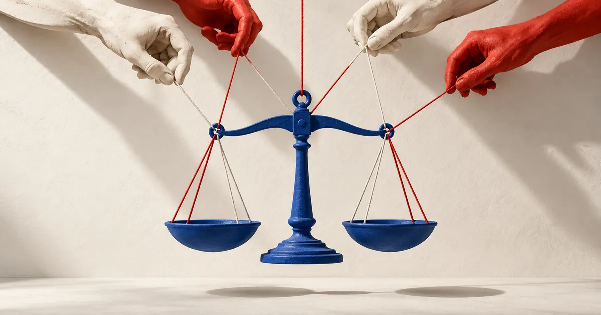 Varias manos de cerámica sostienen hilos claros y rojos unidos a una balanza azul suspendida.
