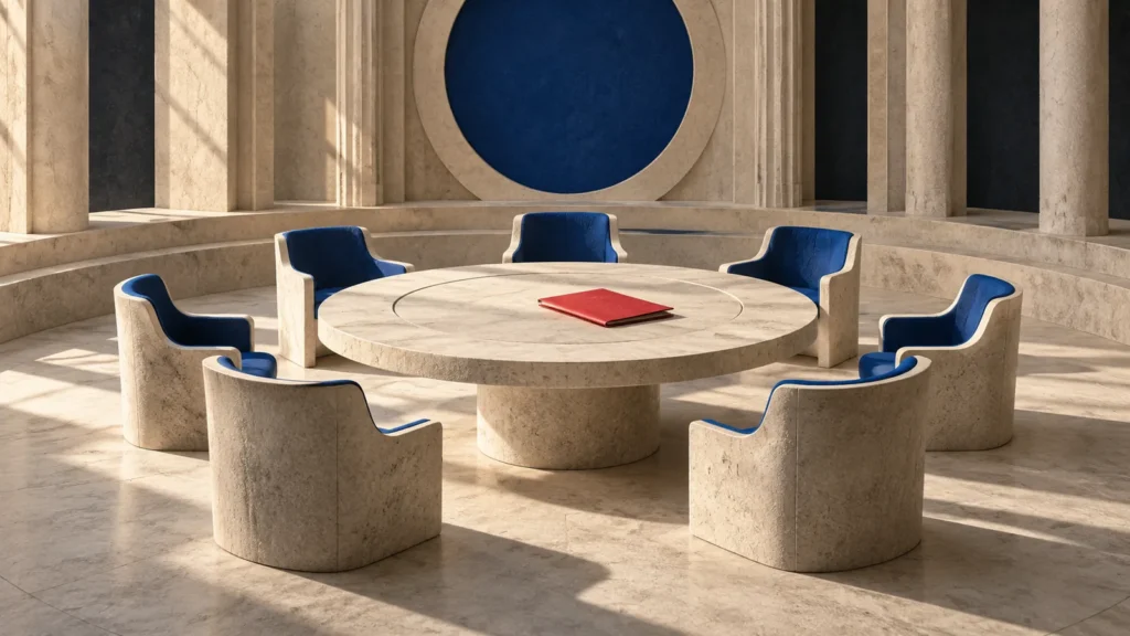 Siete sillas azules rodean una mesa circular de piedra con una carpeta roja en el centro.