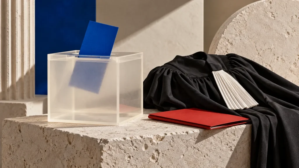 Una urna transparente con una tarjeta azul se sitúa junto a una toga oscura y una carpeta roja.