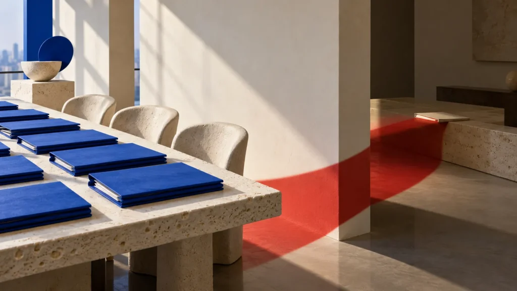 Una franja roja rodea una pared entre una sala luminosa con carpetas azules y otra zona con un documento apartado.