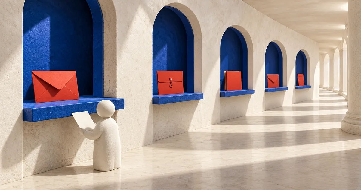 Una figura clara con un documento espera ante una fila de ventanillas azules con sobres y carpetas rojos.