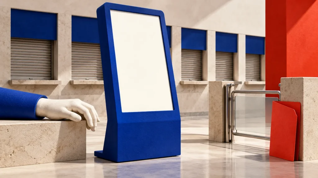 Una pantalla azul de superficie vacía se sitúa frente a ventanillas cerradas, una mano y una puerta baja transparente.