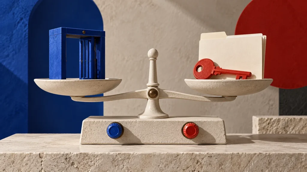 Una balanza de piedra sostiene una puerta azul y una carpeta con llave roja, con dos mandos en su base.