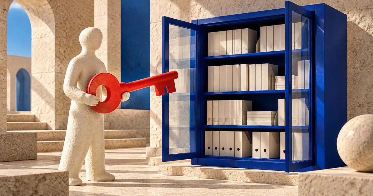 Una figura de cerámica sostiene una llave roja junto a un archivador azul abierto con puertas transparentes.