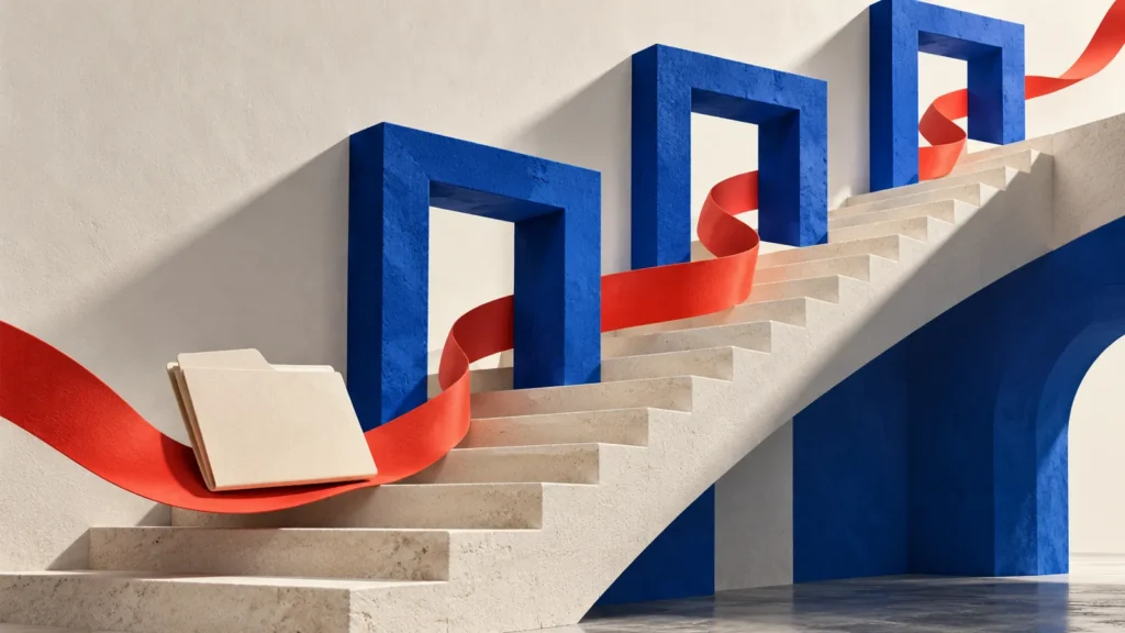 Una cinta roja lleva una carpeta por una escalera clara que atraviesa tres puertas azules.
