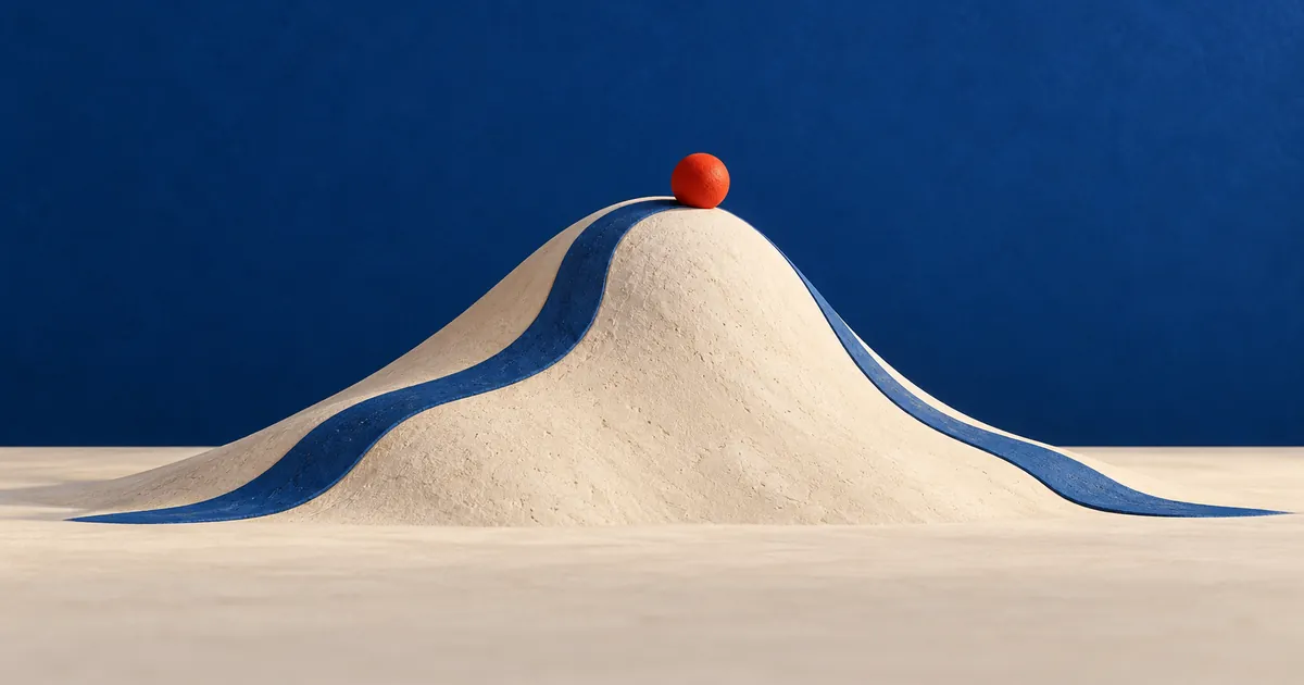 Ilustración conceptual sobre curva de Laffer: un camino azul sube y baja por una colina clara junto a una esfera roja.