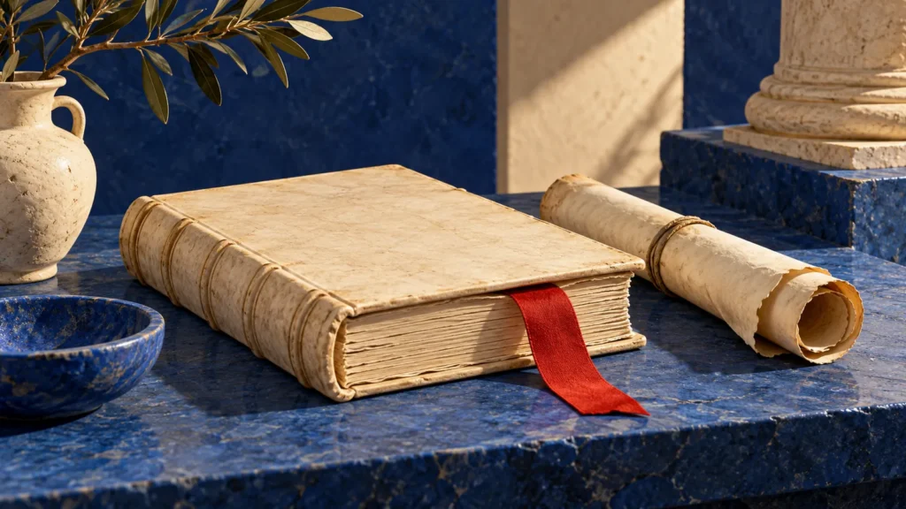 Un libro sin inscripción y un pergamino se sitúan junto a un marcador rojo.