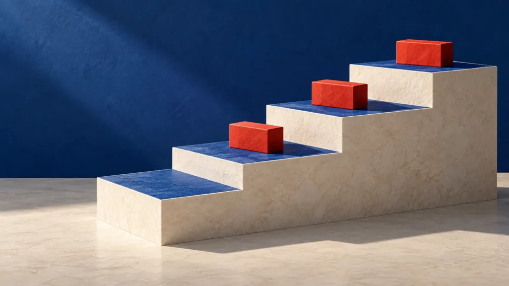 Una escalera clara con superficies azules sostiene fichas rojas.