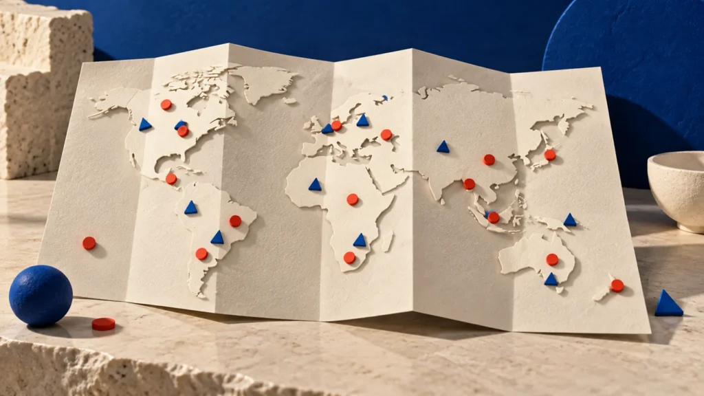 Un mapa plegado sin nombres contiene piezas azules y rojas.