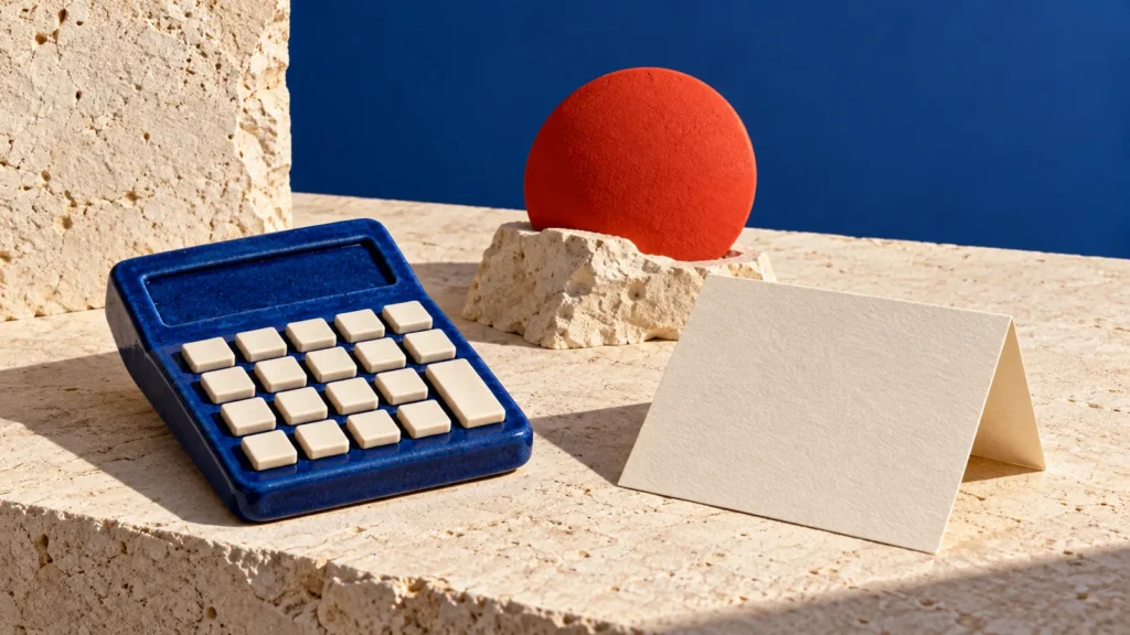 Una calculadora sin cifras acompaña un sol rojo sobre una mesa clara.