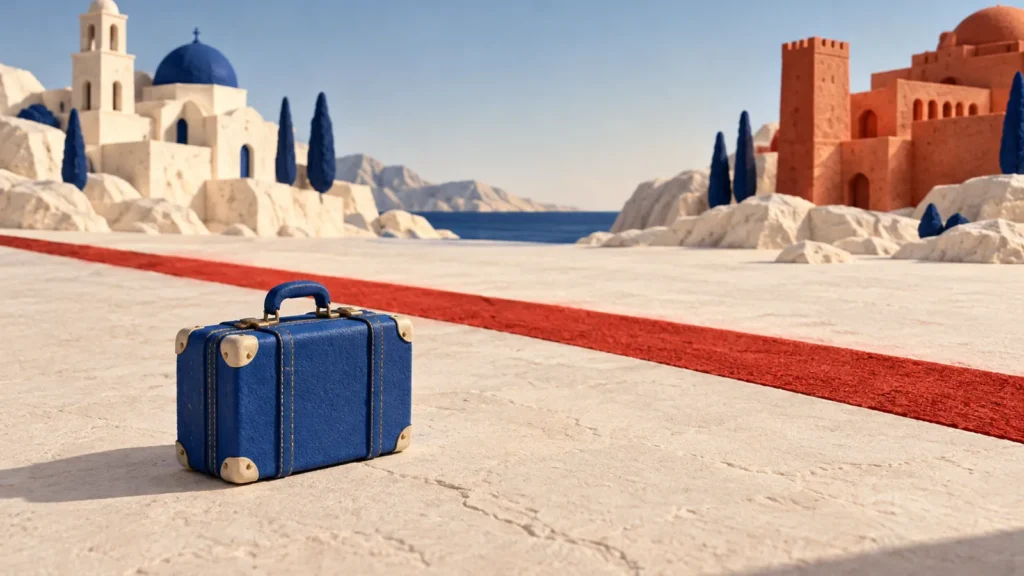 Maleta azul junto a una línea roja que separa dos espacios arquitectónicos.