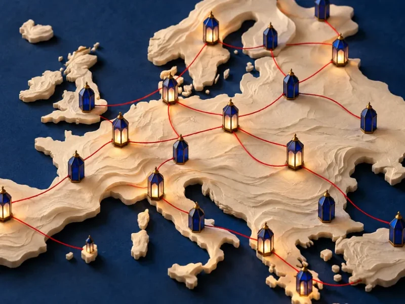 Ilustración conceptual sobre impuestos a la riqueza: relieve abstracto inspirado en Europa con pequeñas luces encendidas y apagadas.