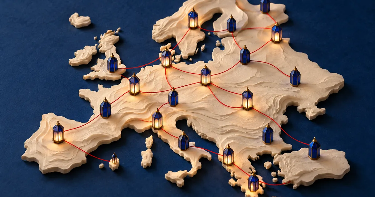 Ilustración conceptual sobre impuestos a la riqueza: relieve abstracto inspirado en Europa con pequeñas luces encendidas y apagadas.