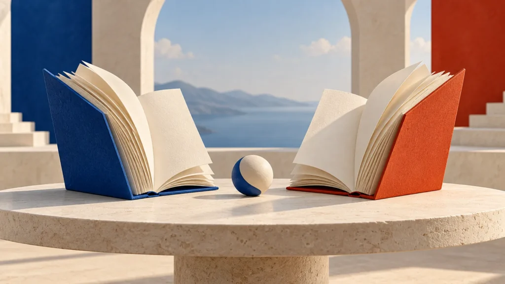 Dos libros abiertos azules y rojos frente a frente sobre una mesa clara.