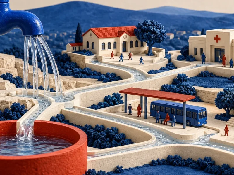 Ilustración conceptual sobre gasto público por funciones: grifo azul con canales de agua que llegan a una escuela, un centro sanitario y edificios públicos conceptuales.