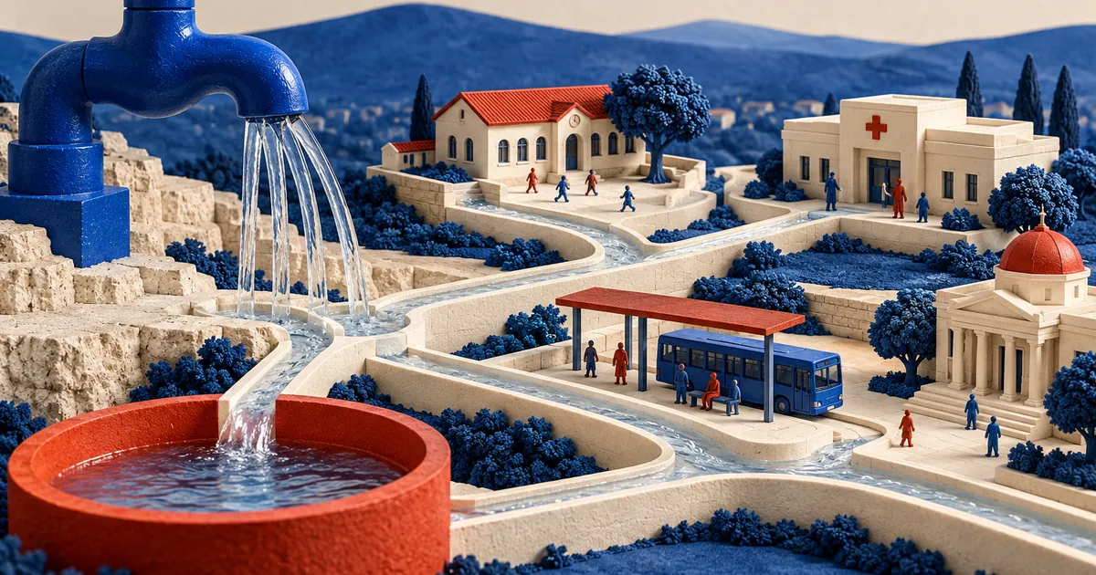 Ilustración conceptual sobre gasto público por funciones: grifo azul con canales de agua que llegan a una escuela, un centro sanitario y edificios públicos conceptuales.
