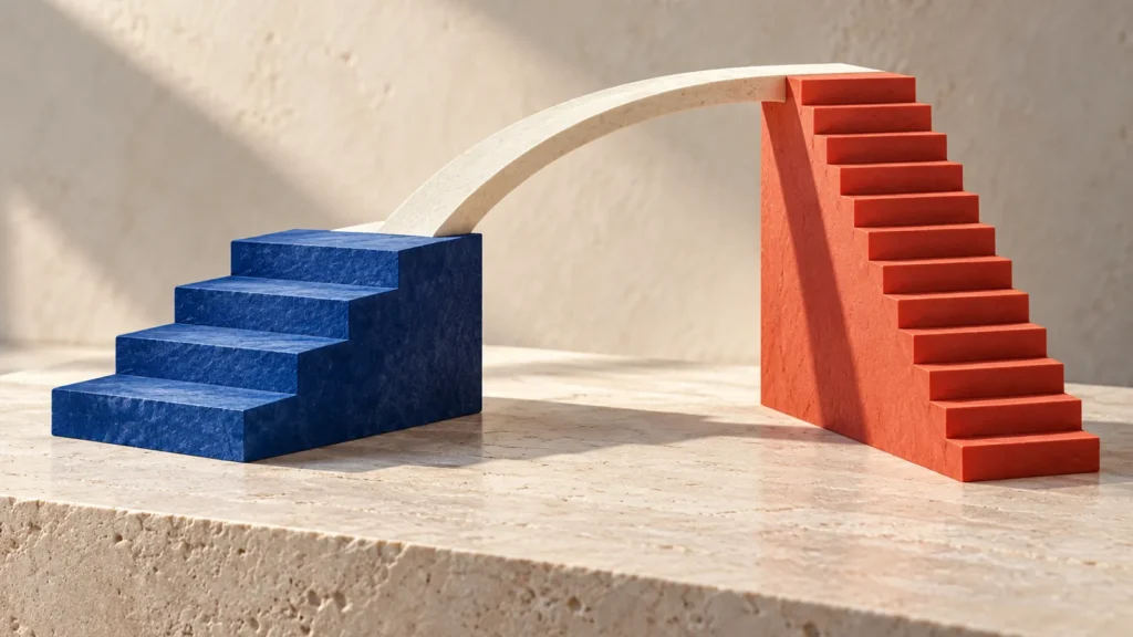Dos escaleras conceptuales, una azul más baja y otra roja más alta.