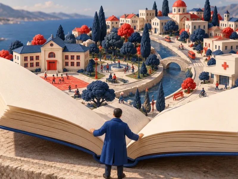 Ilustración conceptual sobre consultar presupuestos públicos: persona ficticia abre un libro de cuentas conceptual del que surge una pequeña ciudad.