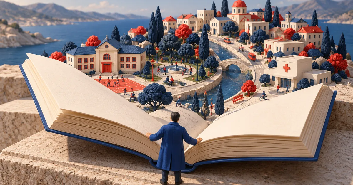 Ilustración conceptual sobre consultar presupuestos públicos: persona ficticia abre un libro de cuentas conceptual del que surge una pequeña ciudad.