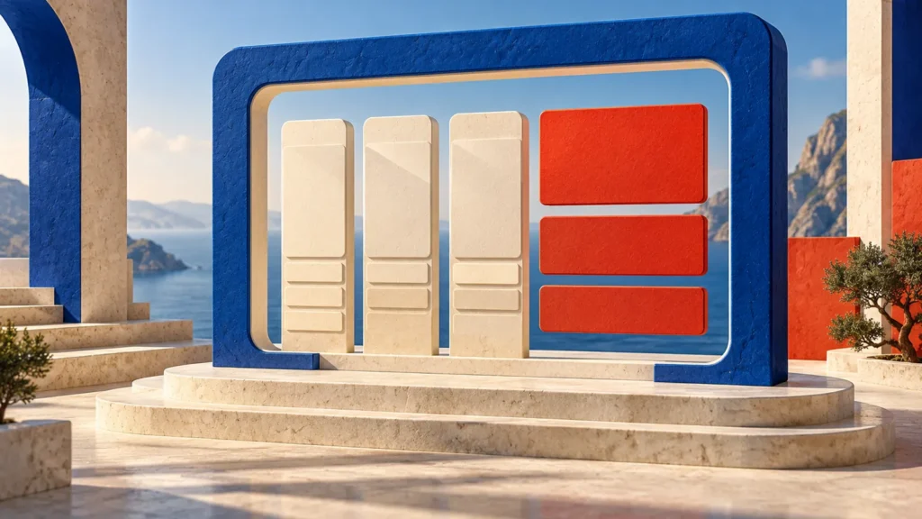 Portal digital conceptual azul con columnas claras y paneles rojos sin texto.