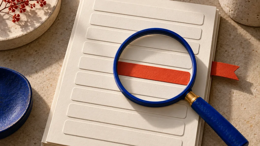 Lupa azul sobre una fila roja de un documento de cuentas sin cifras.