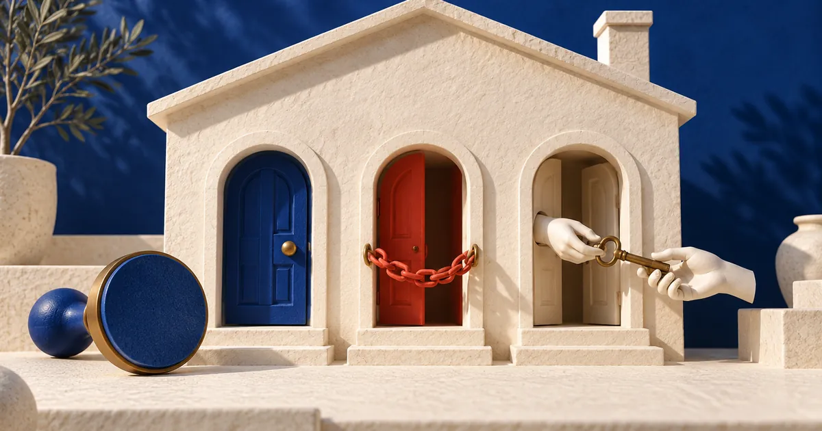 Ilustración conceptual sobre límite de uso: casa conceptual con tres puertas, un sello sin texto, una cadena parcial y una llave entre dos manos.