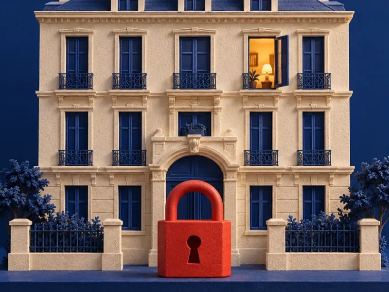 Ilustración conceptual sobre control de alquileres: candado rojo ante un edificio conceptual con varias ventanas oscuras y una iluminada.
