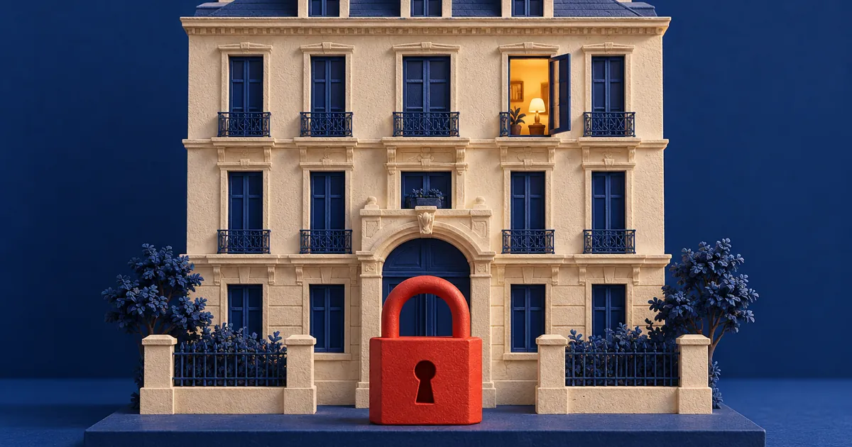 Ilustración conceptual sobre control de alquileres: candado rojo ante un edificio conceptual con varias ventanas oscuras y una iluminada.