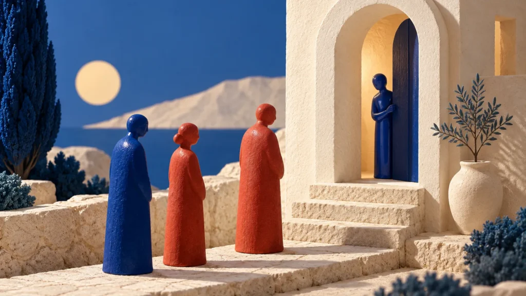 Una figura resguardada en un arco de vivienda y tres figuras esperando fuera.