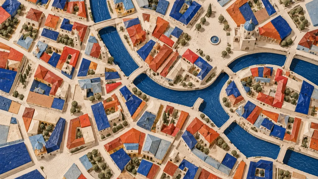 Mapa conceptual de parcelas de colores con pequeños edificios y calles claras.
