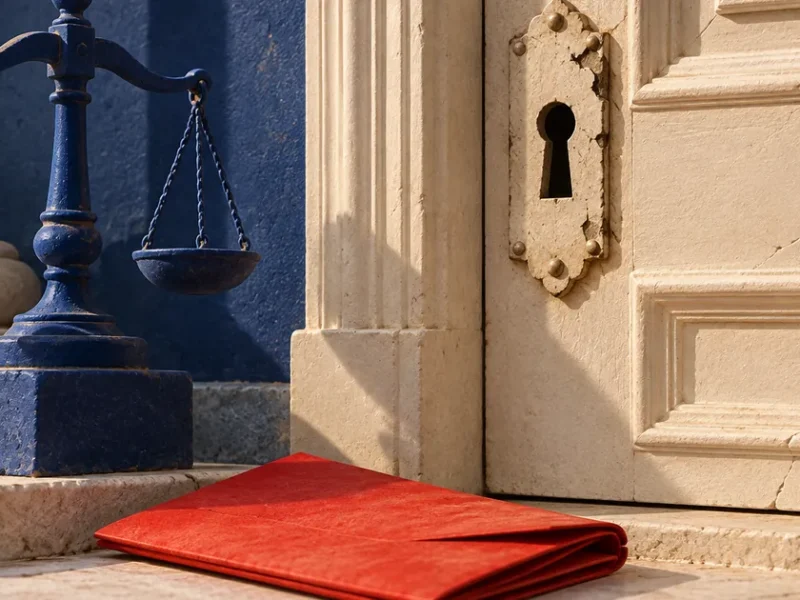 Ilustración conceptual sobre ocupación ilegal en España: puerta conceptual con una placa de cerradura dañada y una balanza azul a su lado.