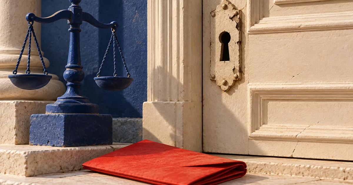 Ilustración conceptual sobre ocupación ilegal en España: puerta conceptual con una placa de cerradura dañada y una balanza azul a su lado.