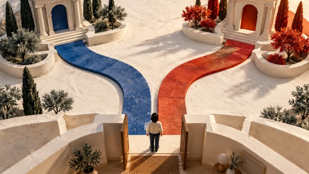 Dos caminos de colores parten de una vivienda hacia arcos judiciales conceptuales.