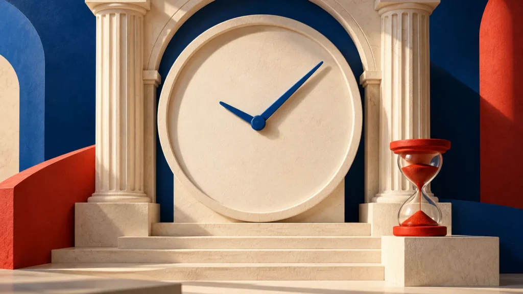 Reloj sin cifras integrado en un arco judicial junto a un reloj de arena rojo.