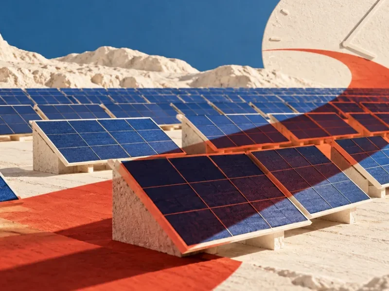 Ilustración conceptual sobre renovables en España: paneles solares conceptuales con una sombra roja curva y un círculo al fondo.