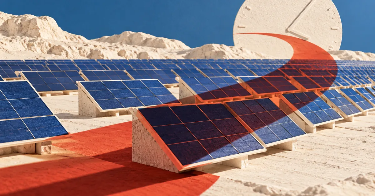 Ilustración conceptual sobre renovables en España: paneles solares conceptuales con una sombra roja curva y un círculo al fondo.
