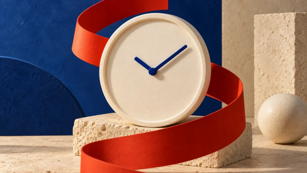 Reloj conceptual sin cifras rodeado por una cinta roja que vuelve sobre sí misma.