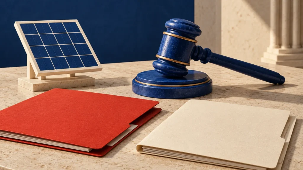 Mazo azul junto a un panel solar pequeño y dos carpetas sin texto.