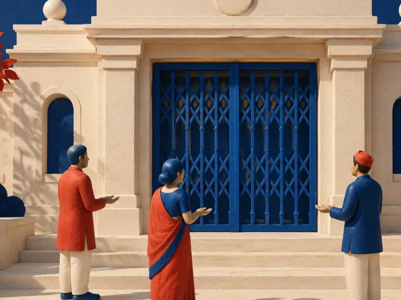 Ilustración conceptual sobre corralito y AFJP: banco ficticio con rejas azules y tres figuras esperando fuera.