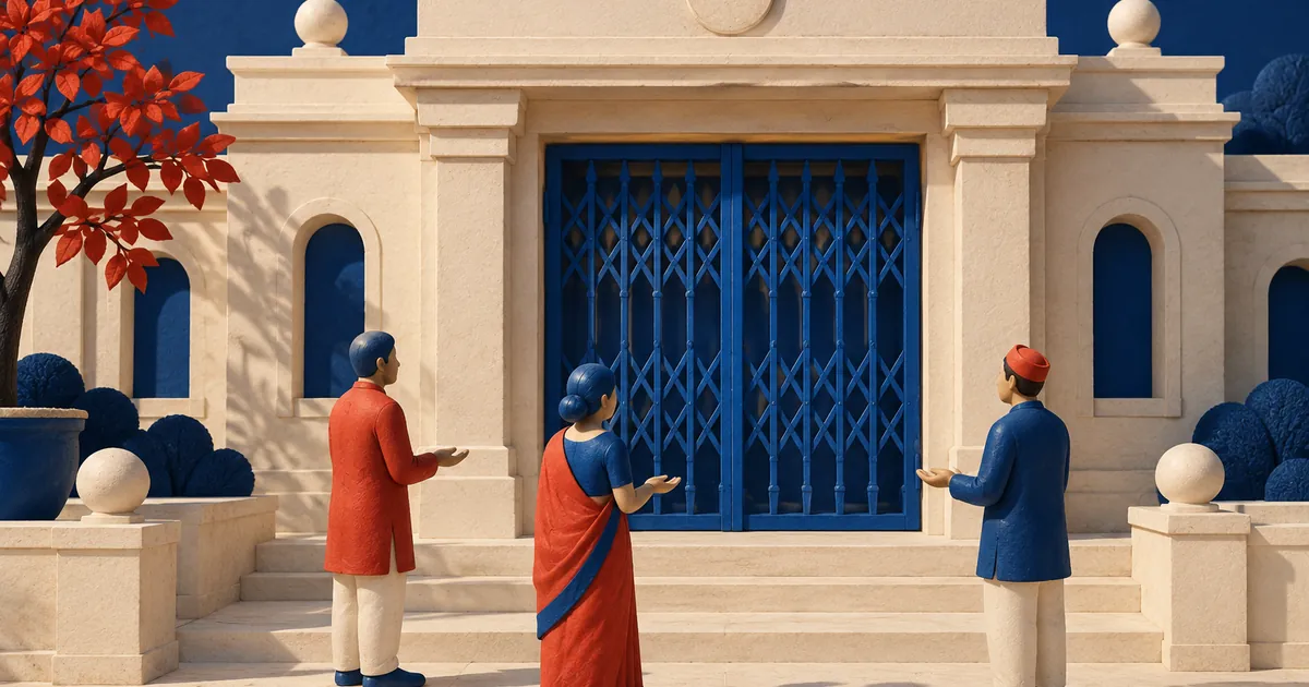 Ilustración conceptual sobre corralito y AFJP: banco ficticio con rejas azules y tres figuras esperando fuera.