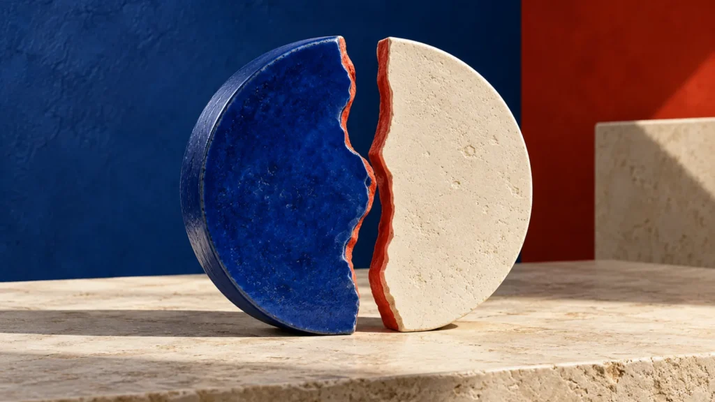 Moneda conceptual dividida en dos piezas distintas sobre una mesa clara.