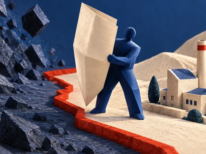 Ilustración conceptual sobre expropiación indirecta: figura azul protegida por un documento sin texto junto a una instalación ficticia.